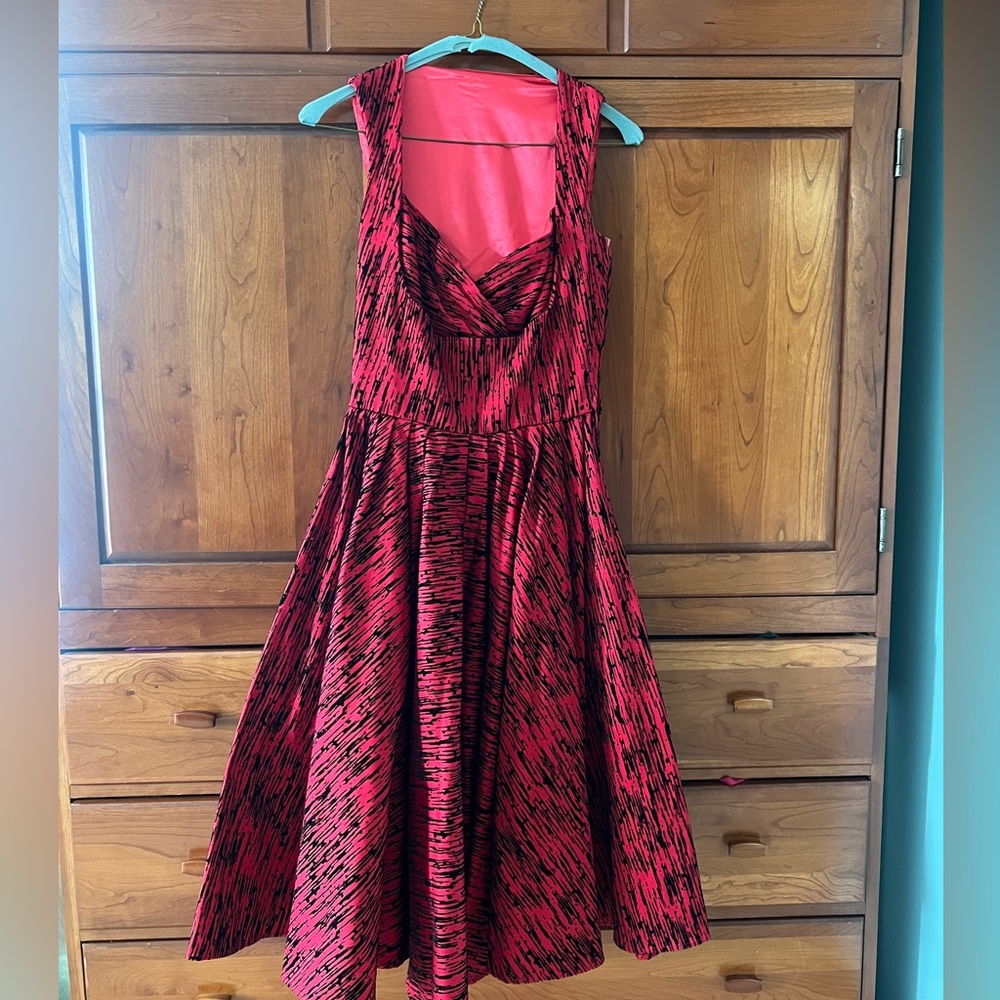 Laura Byrnes Red & Black Flocked Pinup Girl Clothing Dress | Grace Swing Dress